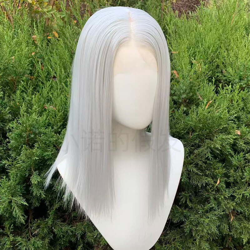 Silver-Gray Hand-Knitted Lace Front Wig with a Middle Part and Shawl-Like Hair, Suitable for Cosplay and Everyday Wear, Full Wig Made of High-Temperature Synthetic Hair, Smooth and Straight Silver-Gray Hand-Knitted Lace Front Wig with a Middle Part and Shawl-Like Hair, Suitable for Cosplay and Everyday Wear, Full Wig Made of High-Temperature Synthetic Hair, Smooth and Straight