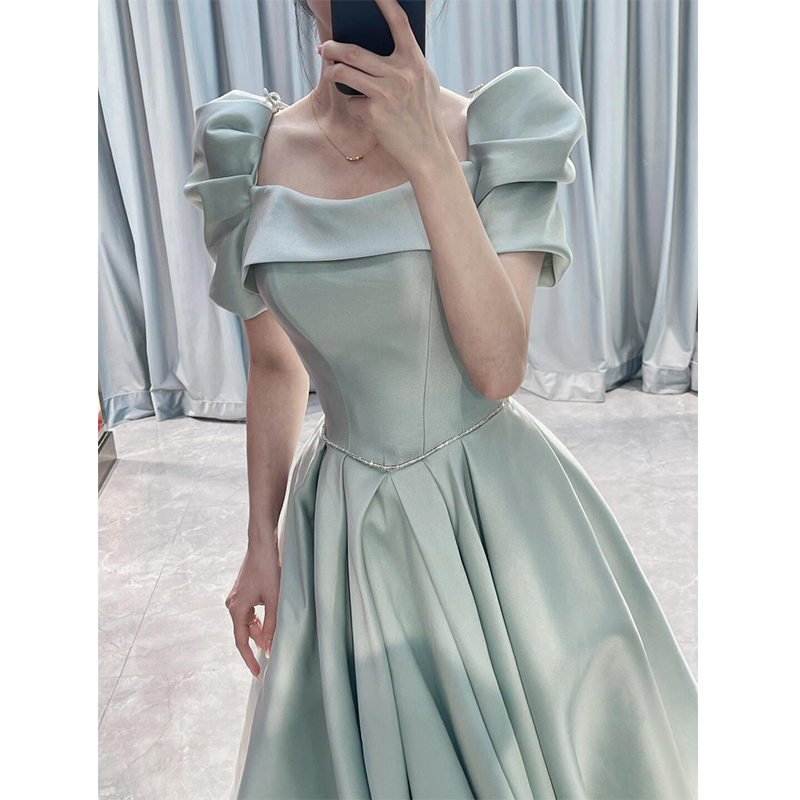 Blue Evening Dress Satin Banquet High-End Student Day Coming-Of-Age Ceremony Graduation Art Exam Vocal Performance Host