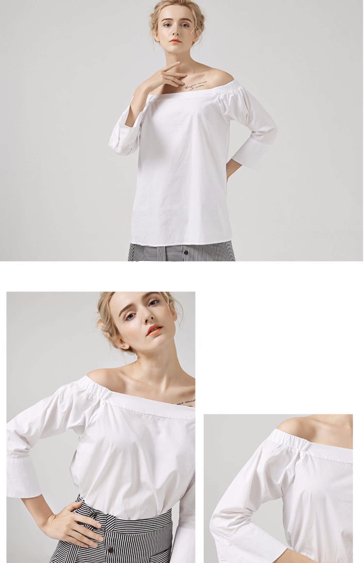 LUIMINE2018 mùa xuân và mùa hè mới áo cotton trắng cổ áo sơ mi nữ lệch vai tay áo kèn - Áo sơ mi sơ mi nữ đẹp