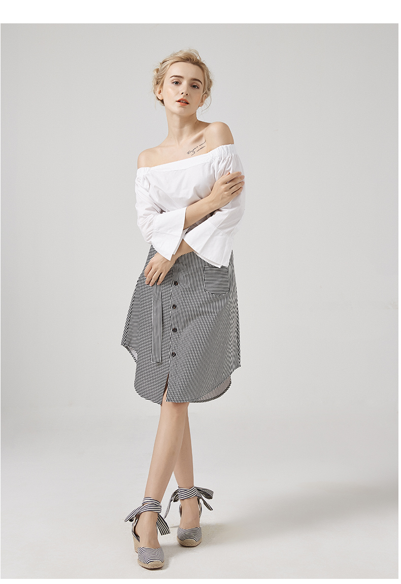LUIMINE2018 mùa xuân và mùa hè mới áo cotton trắng cổ áo sơ mi nữ lệch vai tay áo kèn - Áo sơ mi sơ mi nữ đẹp