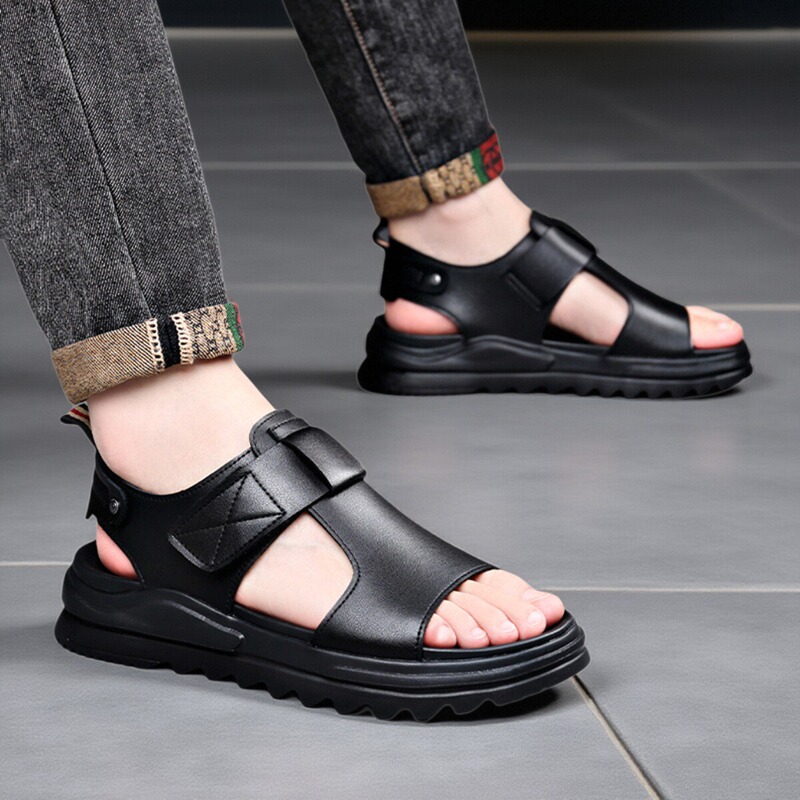 Men's Outdoor Sandals with a 5cm Height Increase, Thick-Soled for Summer, Suitable for Driving, Soft-Soled, Breathable Beach Shoes, Genuine Leather with Velcro