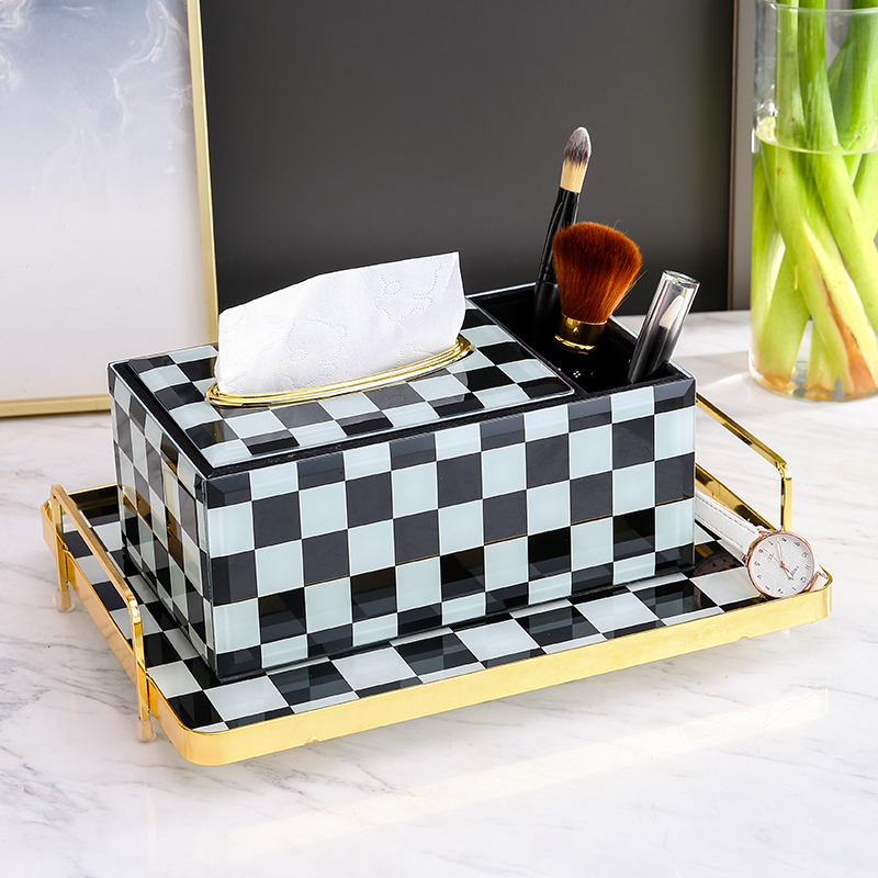 Black And White Chessboard G Tissue Box Living Room Upscale Light Lavish Home Sanitary Paper Box Creative Versatile Remote Control Containing box