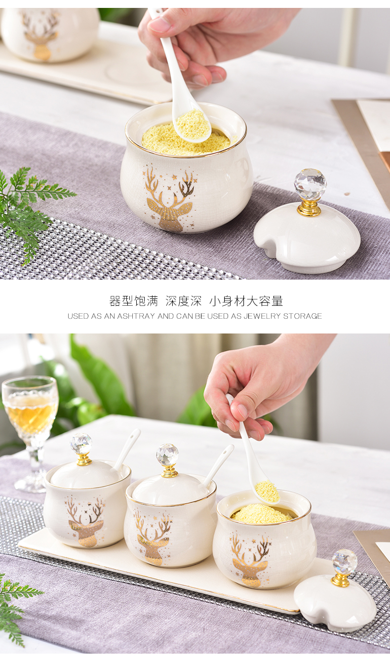 European creative household kitchen with a spoon, cover ceramic seasoning sauce pot pot seasoning box of three - piece suit combination