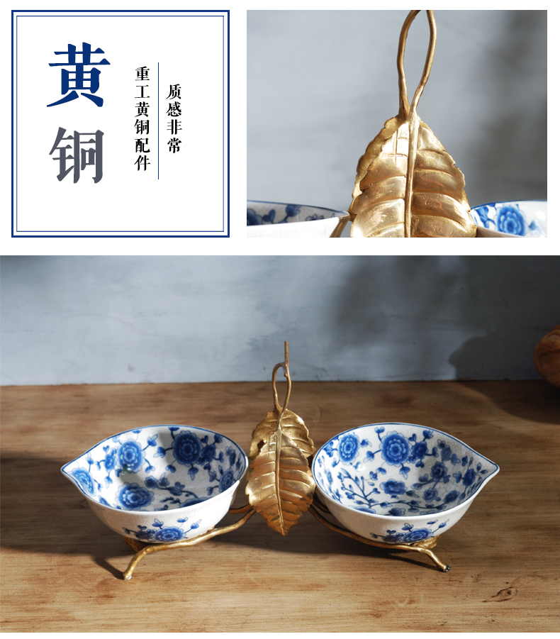 The New Chinese blue and white porcelain with copper fruit bowl dried fruit bowl sitting room home furnishing articles fruit dish of American creative move ceramics