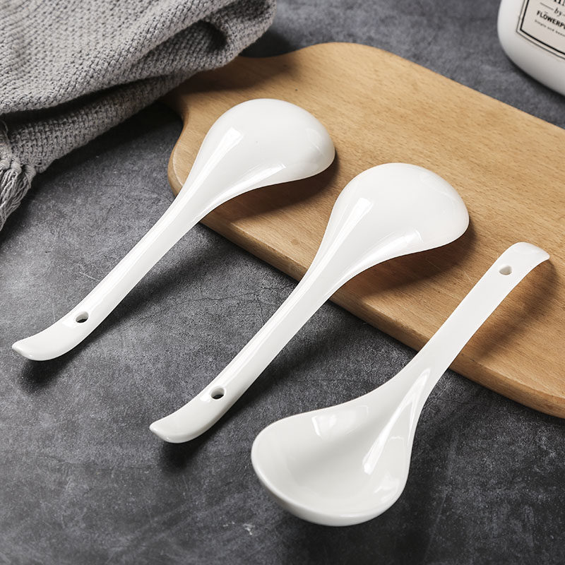 Pure white ceramic small soup spoon, long-handled coffee spoon, household small spoon, large soup dividing spoon, soup serving spoon, porridge spoon