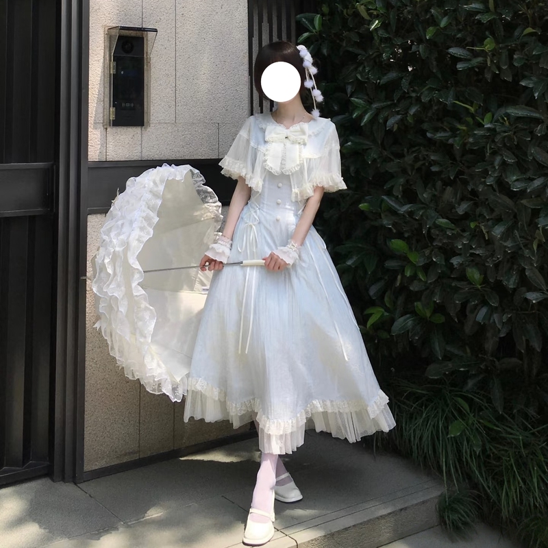 Clear and Elegant Lolita Long Dress in Aqua Wind Chime Style, Summer Cape, Lace Style, Blue, Plus Size, Japanese Style