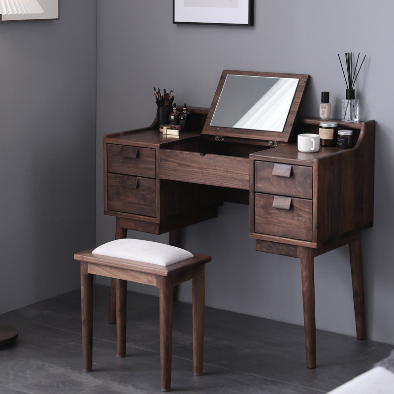 Nordic ins Makeup Bench Light Lavish Black Walnut Wood Modern Minima Bedroom Small Family Type Daily Solid Wood Makeup Table