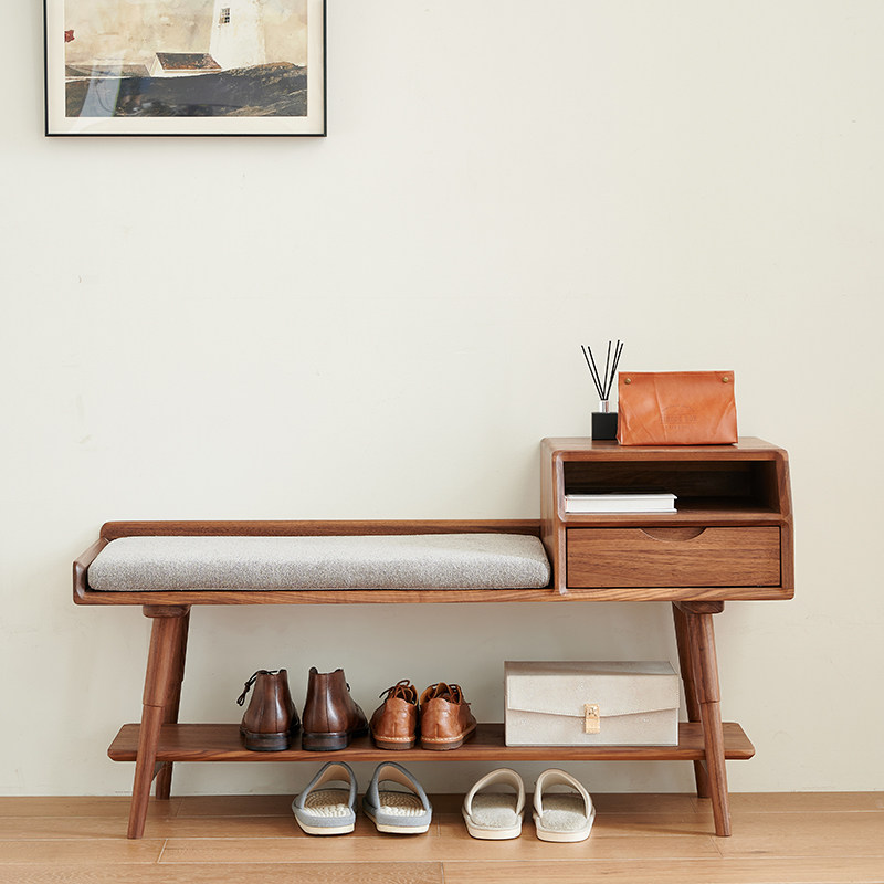 Nordic solid wood shoe changing stool home door light luxury wearing shoe stool North American black walnut test shoe stool cloakroom stool