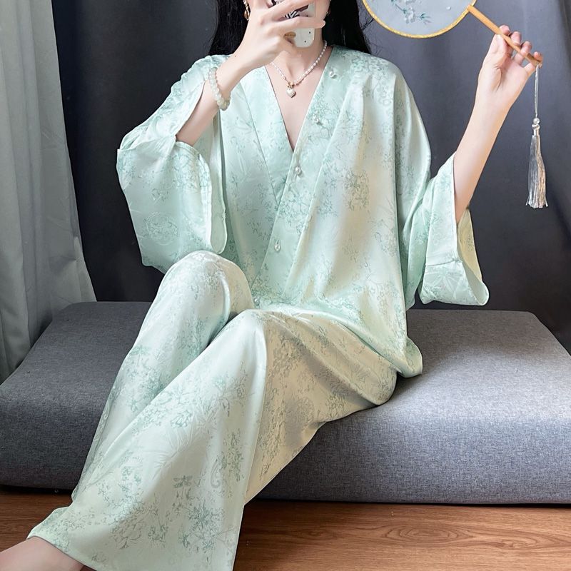 High-End Ice Silk Pajamas for Women, Spring and Summer 2026 New Style, Long-Sleeved, New Chinese Style, Loose-Fitting Loungewear Set
