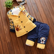 Bộ đồ bé trai mùa đông cho bé bằng vải cotton cộng với quần áo nhung dày Quần áo trẻ em 0-2-3 tuổi hai mảnh