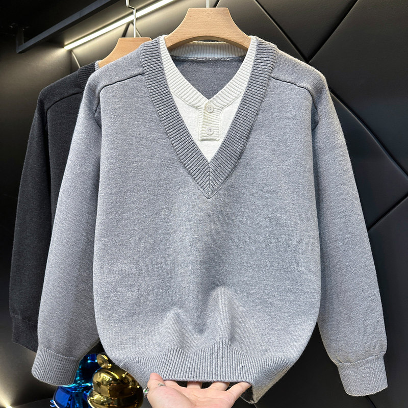 Maillard Old Money Style Deep V-Neck Faux Two-Piece Sweater with a Casual Vibe, Button-Up Knitwear, Cleanfit Loose Fit