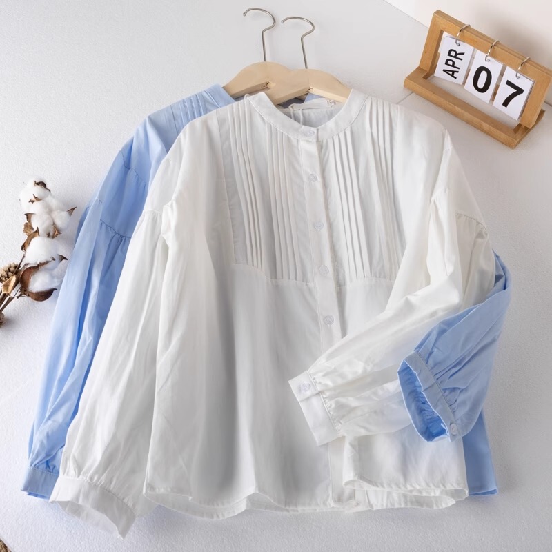 Retro French Style Pleated Cotton Long-Sleeved Shirt for Women, Spring Work Clothing, Versatile Stand-Up Collar Loose Cardigan Top
