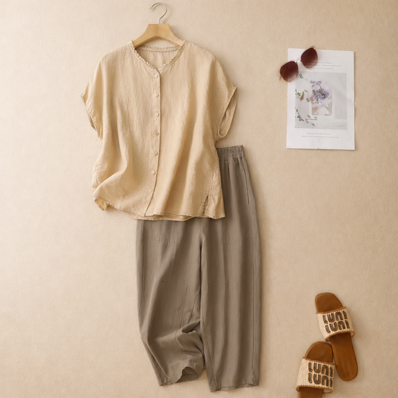 Japanese-Style Cotton and Linen Mother's Clothing with Ruffled Collar, Short-Sleeved Shirt for Women, Summer Casual, Simple, Loose, Round-Neck Two-Piece Set Japanese-Style Cotton and Linen Mother's Clothing with Ruffled Collar, Short-Sleeved Shirt for Women, Summer Casual, Simple, Loose, Round-Neck Two-Piece Set