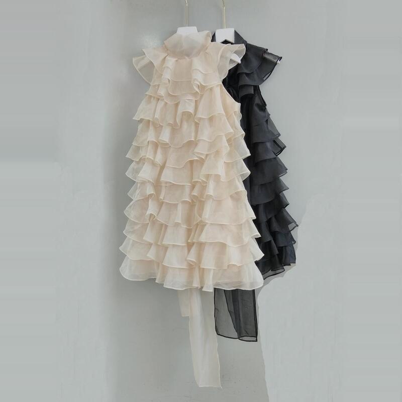 French Light Luxury Elegant Socialite Black Hepburn Style Little Black Dress for Women with Flowing Ruffles Chiffon Sleeveless Dress