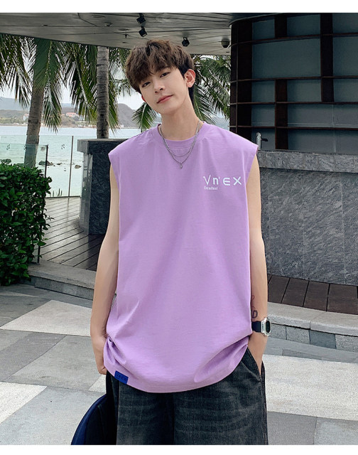 Summer letter printed sleeveless sweat vest men's round neck T-shirt boys trendy loose waistcoat casual T-shirt