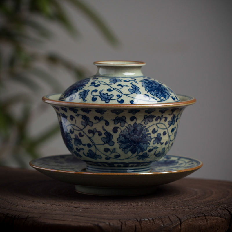 San Shi Yao Old Pottery Clay Blue and White Lotus Cover Bowl, Firewood Kiln Three-Talent Cover Bowl Tea Set, Antique Style, Purely Handmade, Firewood Fired San Shi Yao Old Pottery Clay Blue and White Lotus Cover Bowl, Firewood Kiln Three-Talent Cover Bowl Tea Set, Antique Style, Purely Handmade, Firewood Fired