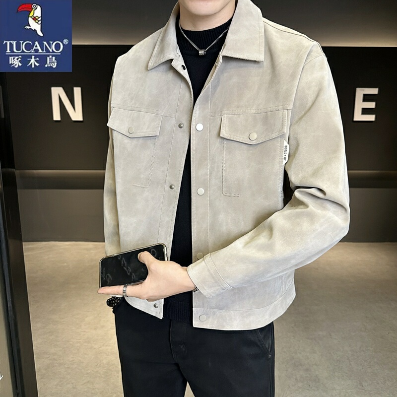 Woodpecker Suede Leather Jacket for Men, Spring and Autumn 2025 New Style, High-End Trendy Brand, Lapel, Cool and Trendy Men's Jacket