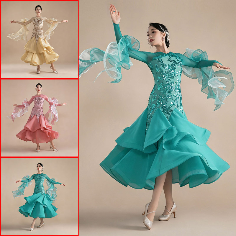 Modern Dance Dress New Style Dress Adult Professional Ballroom Dance Competition Dress Sequin Large Hem Performance Women's Dress 3084