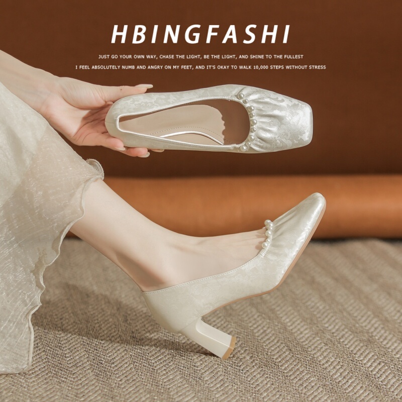 Super Soft~ Chinese Style Pearl Chunky Heel High Heels Paired with Cheongsam Bridal Shoes, French Style Square Toe Single Shoes for Women