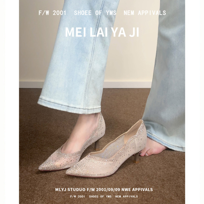 Italian Silk Rhinestone Mesh Stunning Small High-Heeled Shoes for Women, Engagement Pointed Toe Stiletto Shoes, Champagne Color Wedding Shoes, Bridal Shoes