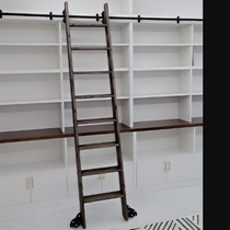 Solid wood slide ladder bookshelf Mobile track ladder library home ladder indoor attic bookcase ladder customization