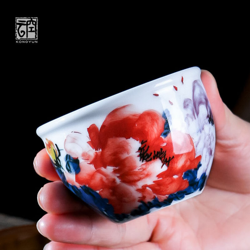 Empty cloud pure hand-painted ceramic peony master cup Jingdezhen kung fu tea cup tea cup tea set high-end tea cup cup single cup