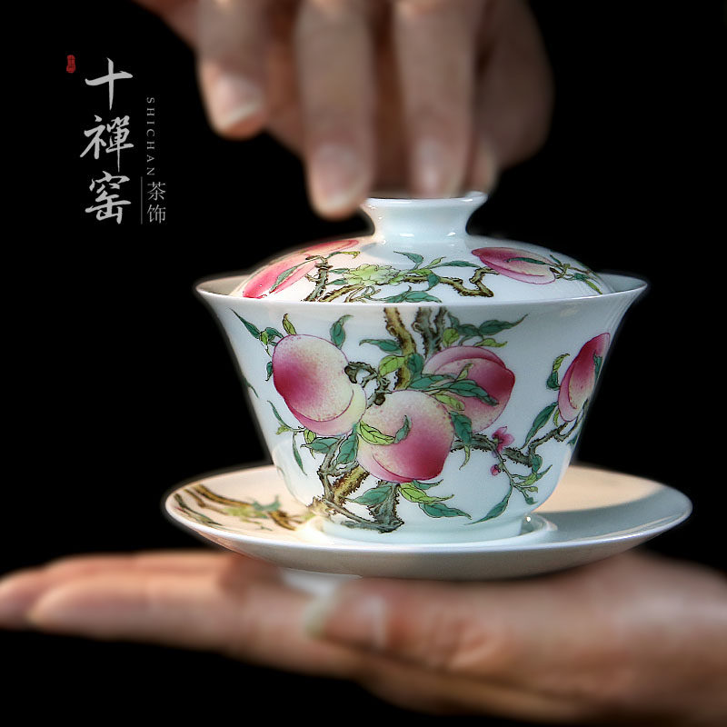 Handdrawn paste cover bowl of pure hand - crafted life - enamel color three tea - bowl ceramic tea set