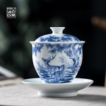  Kongyun Jingdezhen handmade crane deer Tongchun blue and white Sancai cover bowl Blue and white large capacity tea bowl Kung Fu tea set