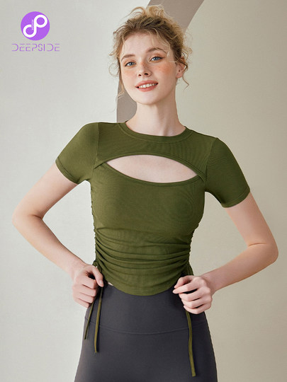 Yoga Wear for Women, Outerwear T-Shirt with Hollow-Out Design, Slimming, Quick-Dry, with Chest Pads, Pilates Sports Short-Sleeve Fitness Top