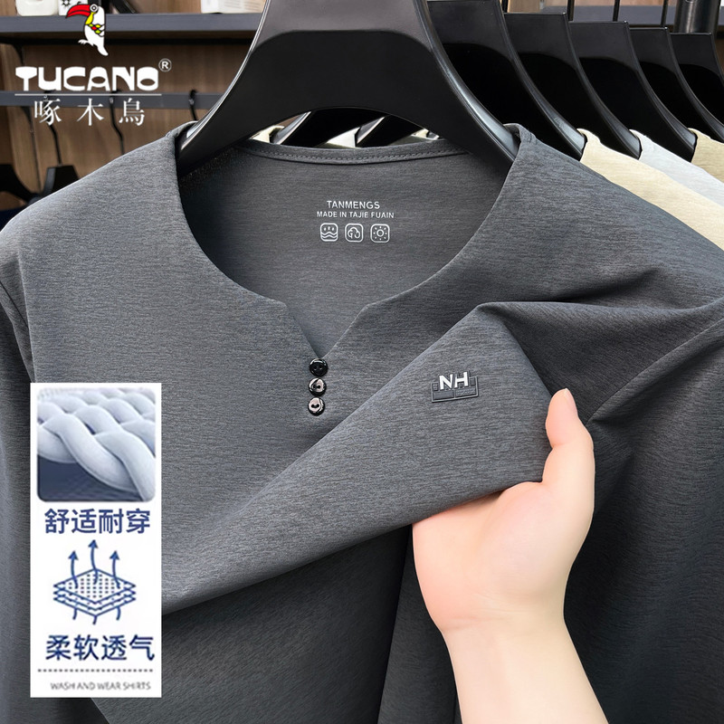 Woodpecker Long-Sleeve T-Shirt for Men, V-Neck, 2026 Spring and Autumn New Style, Henry Shirt, Casual Thin T-Shirt, Top, Base Layer Shirt Woodpecker Long-Sleeve T-Shirt for Men, V-Neck, 2026 Spring and Autumn New Style, Henry Shirt, Casual Thin T-Shirt, Top, Base Layer Shirt