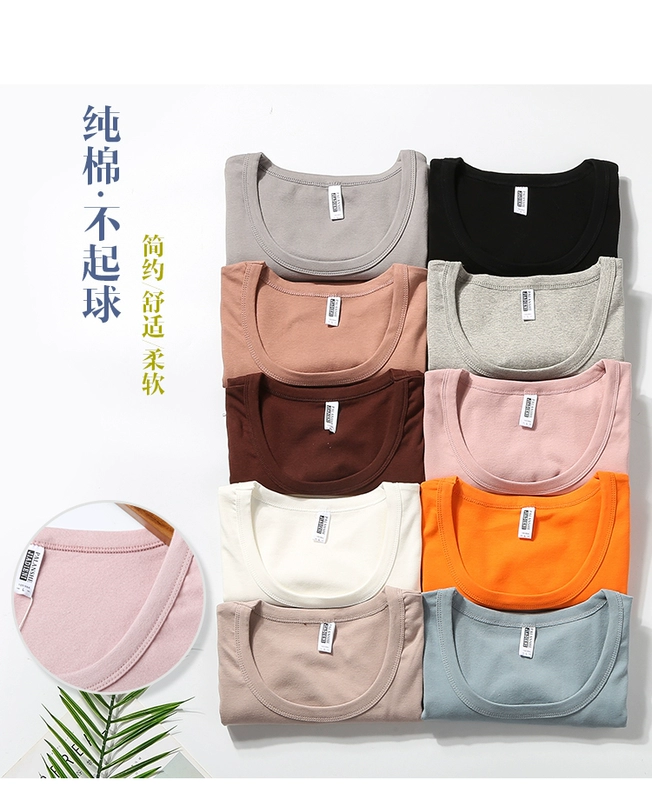 Mùa xuân và mùa thu Thân hình thon gọn Tay áo cổ chữ U màu rắn Áo thun Hàn Quốc mặc áo cotton nữ tròn - Áo phông