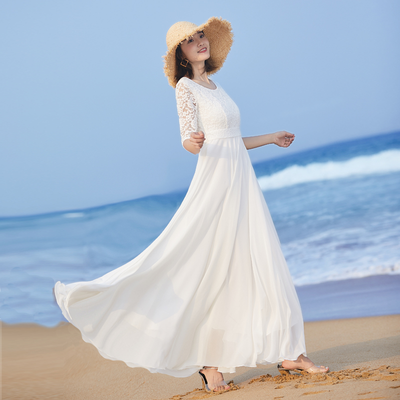 2026 New Style Women's Elegant Long Skirt, Large Hem Long Dress, Summer Slim Fit White Dress, Lace Splicing Beach Dress