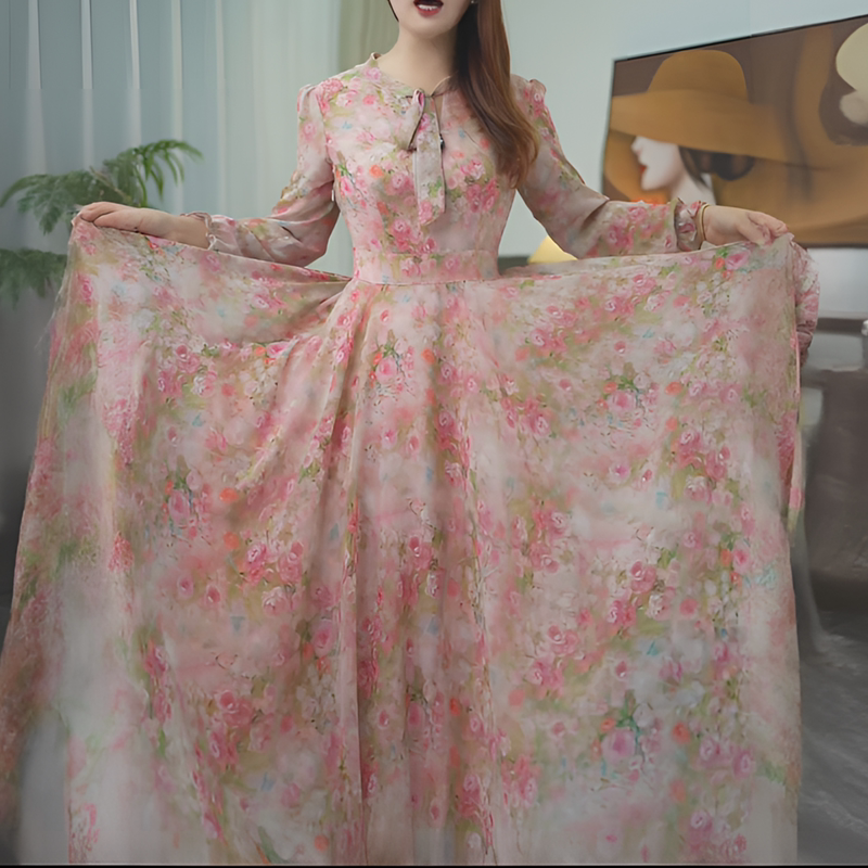 2026 New Women's Summer Pink Chiffon Dress, Slim-Fitting Long Skirt, Over-The-Knee Flared Skirt, Sweet and Age-Reducing Long Skirt