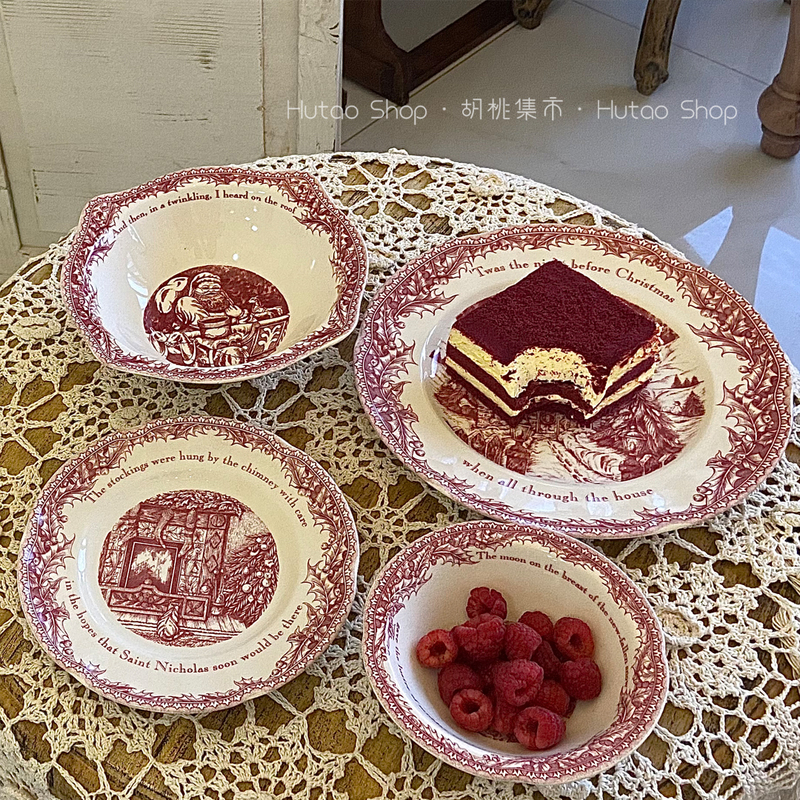 Christmas Eve Series British Retro Tableware Household Ceramic Plate Steak Plate Breakfast Plate ins Tableware
