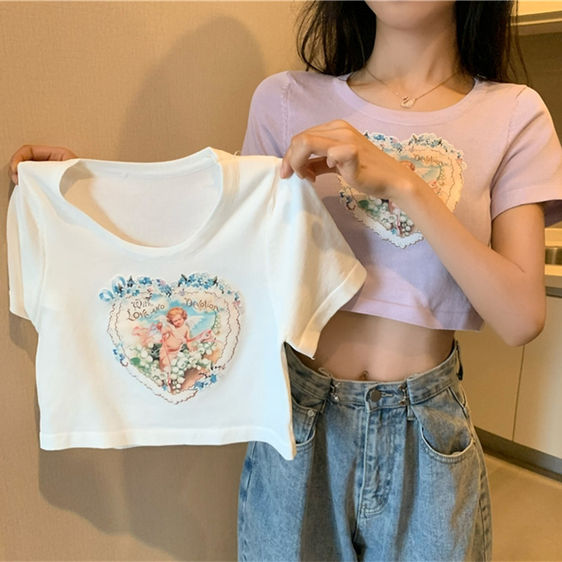 Tím chặt ngắn đan áo len angel in ròng nhiều nhất màu đỏ ngắn tay áo t-shirt ins triều siêu lửa đầy đủ của mùa hè