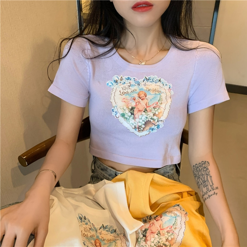 Tím chặt ngắn đan áo len angel in ròng nhiều nhất màu đỏ ngắn tay áo t-shirt ins triều siêu lửa đầy đủ của mùa hè