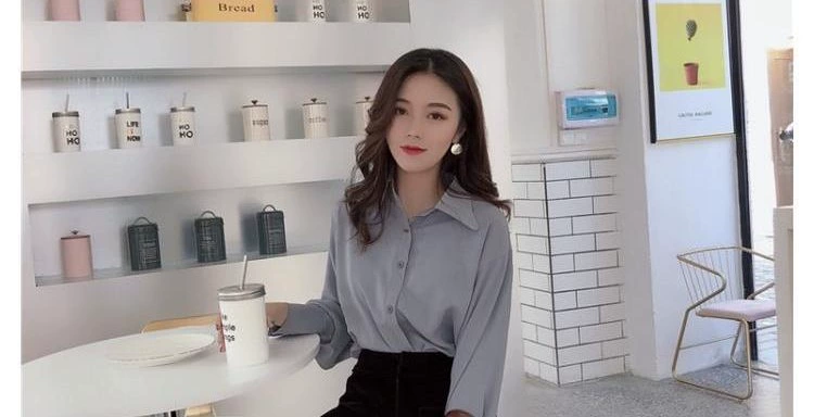 Áo sơ mi tay dài nữ lười gió 2019 xuân hè mới retro áo phông sang trọng đậm chất Hàn Quốc mang phong cách Hồng Kông áo sơ mi nữ dài tay công sở