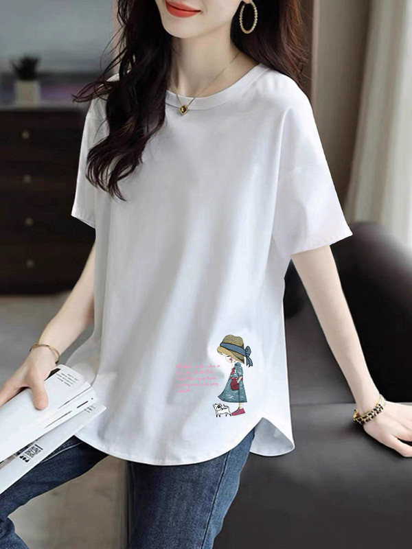 Early Spring 2026 New Summer Style White Mid-Length Curved Short-Sleeved T-Shirt for Women, Niche Cartoon Print Loose Top ins