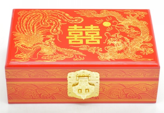 Authentic Chinese engagement three-gold jewelry box wedding dowry wooden bridal makeup box gift gold box betrothal gift with lock comb