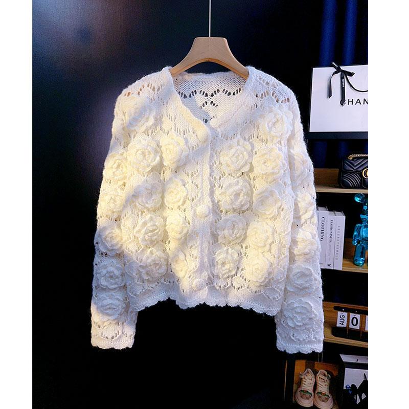 White Handmade Crochet Hollow-Out Three-Dimensional Rose Flower Wool Knit Cardigan for Women, Spring and Autumn Sweater Jacket Top
