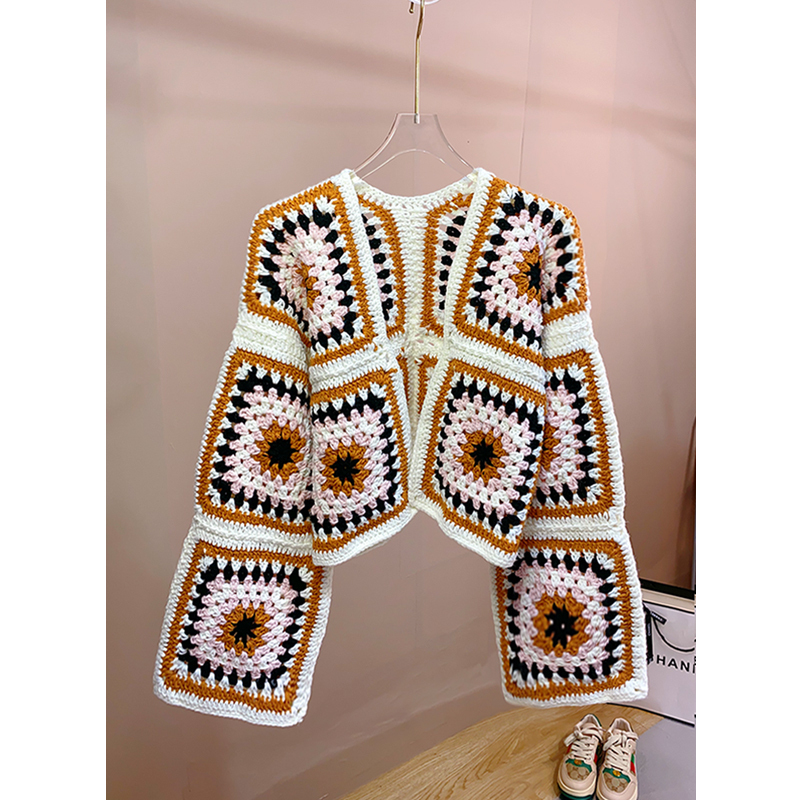 Ethnic Style Retro Crochet Hollow Short Long-Sleeved Knitwear Colorful Women's Bohemian Style Sun Protection Blouse Jacket