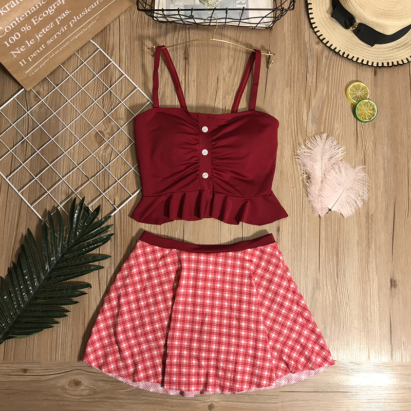 Swimsuit women's Ins Wind cute Japanese style Lean Conservative Dress Four-corner Pants Students Little Fresher Hot Springs Two-piece Swimsuit