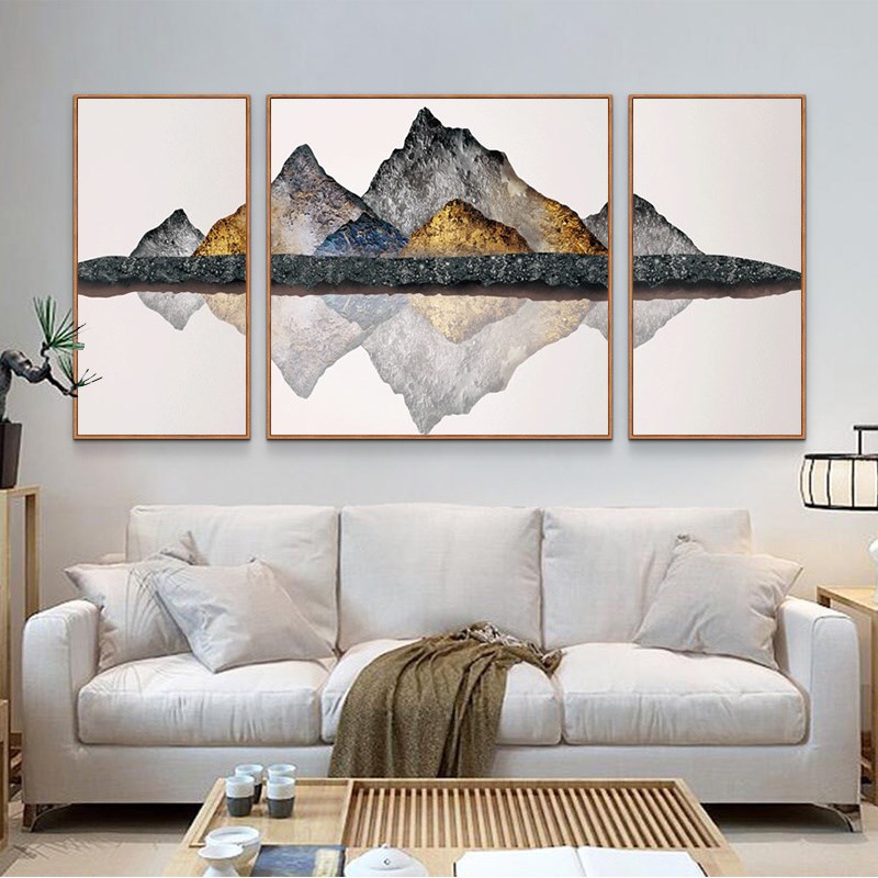 Triple living room bedroom hanging painting hand-painted oil painting Nordic golden mountain dining room sofa background wall scenery decorative painting