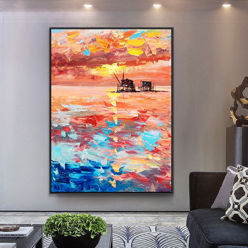 Living Room Abstract Oil Painting American Pure Hand Custom Mural Painting Great Decoration Painting Xuanguan Sunrise Hung Painting Veranda Hand Drawing