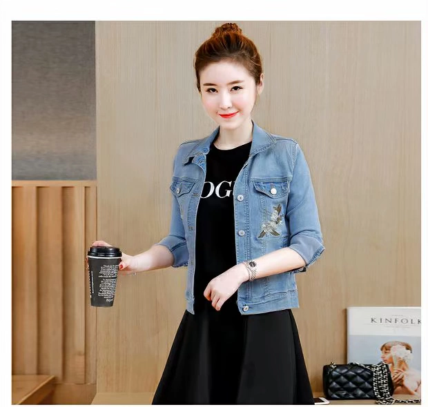 Xuân 2018 áo khoác mới phiên bản Hàn Quốc của áo khoác thêu hoa hồng denim hoang dã nữ ngắn tay dài tay áo thủy triều áo hoodie nữ cute