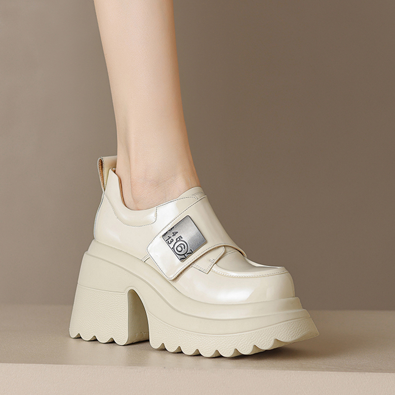 10cm High-Heeled Loafers for Women, Chunky Heel Genuine Leather Shoes, Platform Shoes for Petite Women, Deep-Cut Leather Shoes, Shiny Leather