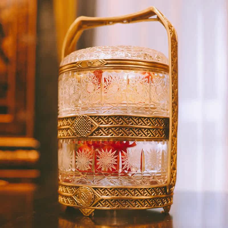 Eurostyle crystal glass brass Handmade snack Decorative Transparent Double Case Lavish Living-room Table Face Pendulum