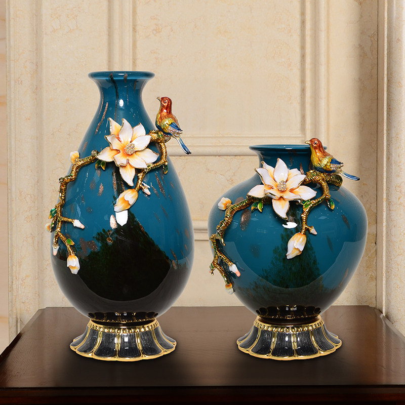 Enamel crystal glass ceramic vase ornaments living room flower arrangement porch Chinese style decoration American net red magnolia