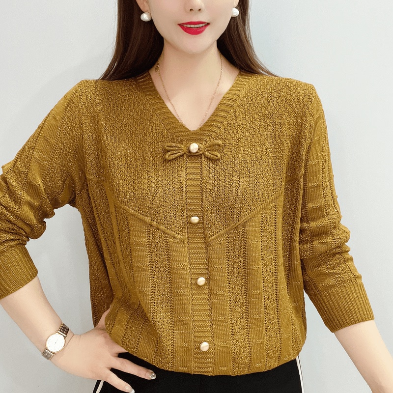 2024 Autumn New V-Neck Knitwear Fashionable Versatile Loose Bowknot Button Hollow Long Sleeve Knit Top