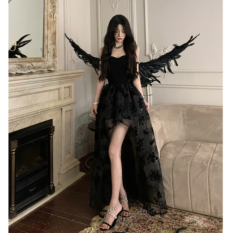 Halloween Cosplay Black Strapless Dress with a High-End Feel, Long Train Tulle Skirt, Dark Style Birthday Party Dress Halloween Cosplay Black Strapless Dress with a High-End Feel, Long Train Tulle Skirt, Dark Style Birthday Party Dress